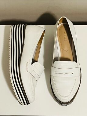 ALDO White Leather Platform Penny Loafers with Striped Sole